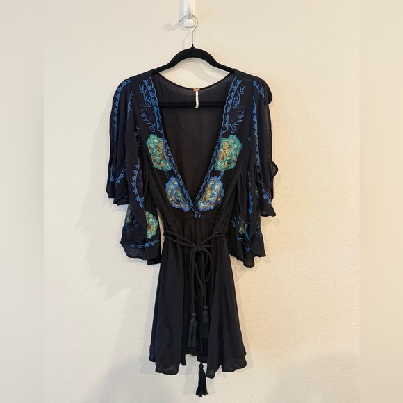 SOLD - Free People Romper with Blue and Green Floral Embroidery - Picture 4 of 5